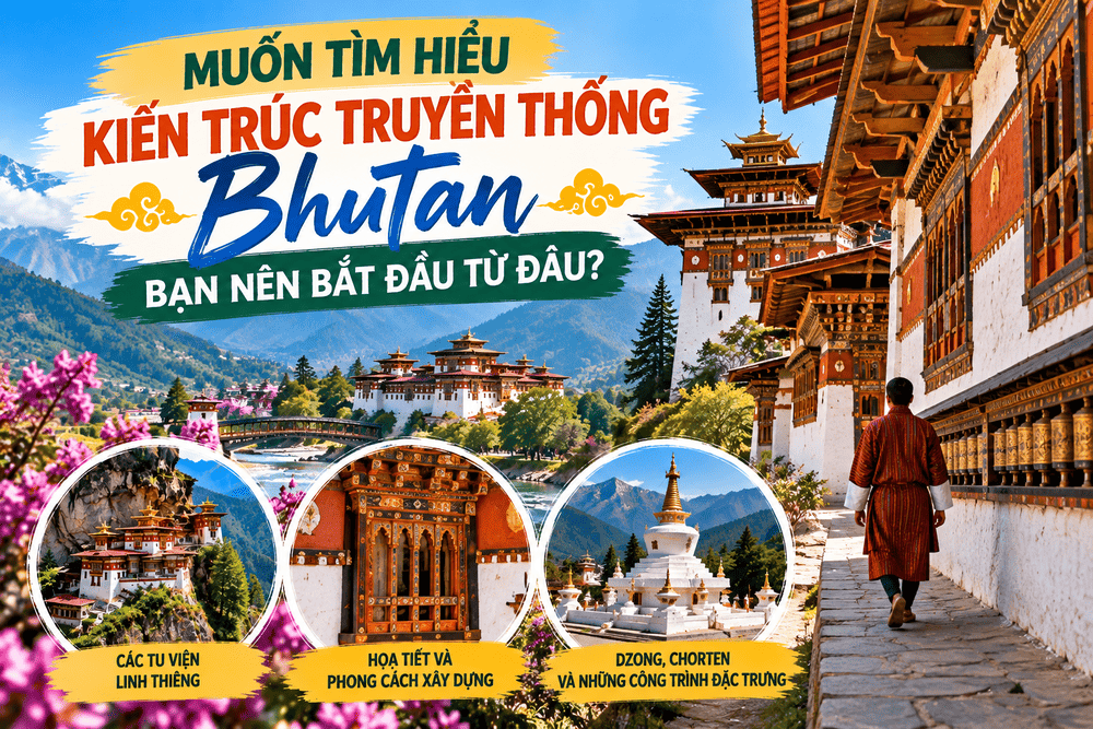 Khám phá kiến trúc truyền thống Bhutan qua pháo đài Dzong, tu viện Tiger's Nest, bảo tháp Chorten và những công trình mang đậm văn hóa Bhutan.